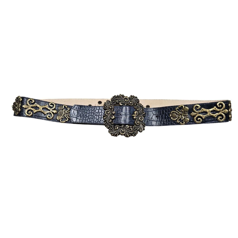 Leatherock Belt Womens L Navy Blue Croc Embossed Leather Brass Ornate Western